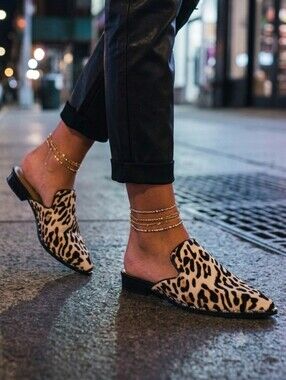 Bleecker & Bond 9M Modern Contemporary Mobwife Leopard Leather Pointed Toe Mules